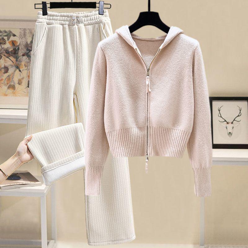 Sweet Autumn & Winter Women's Double Zipper Hooded Knitted Sweater Set