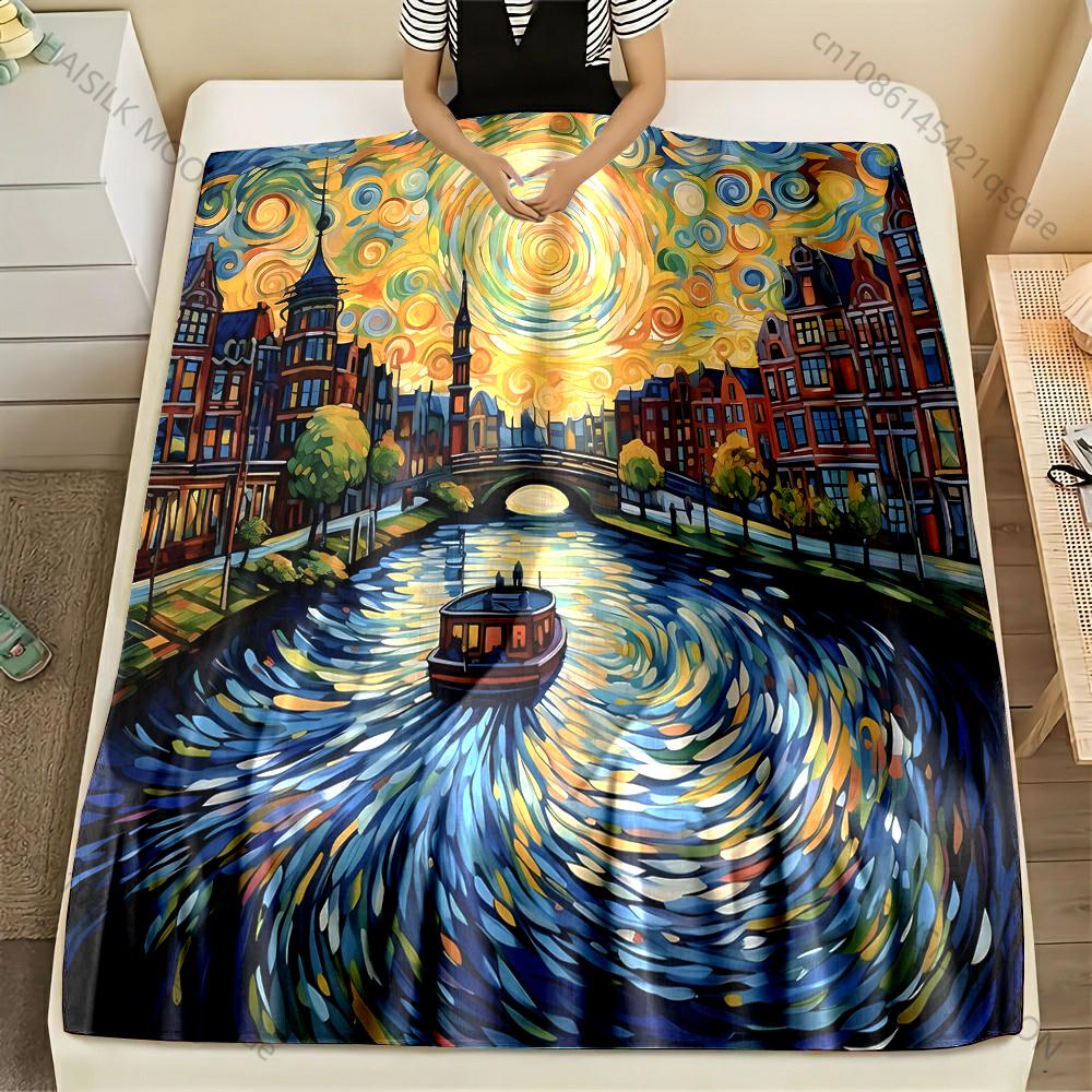 

Colorful ink painting water city pattern Blanket Flannel Material Soft Warm for All Seasons Home Outdoor Camping Picnics RV 75x90cm