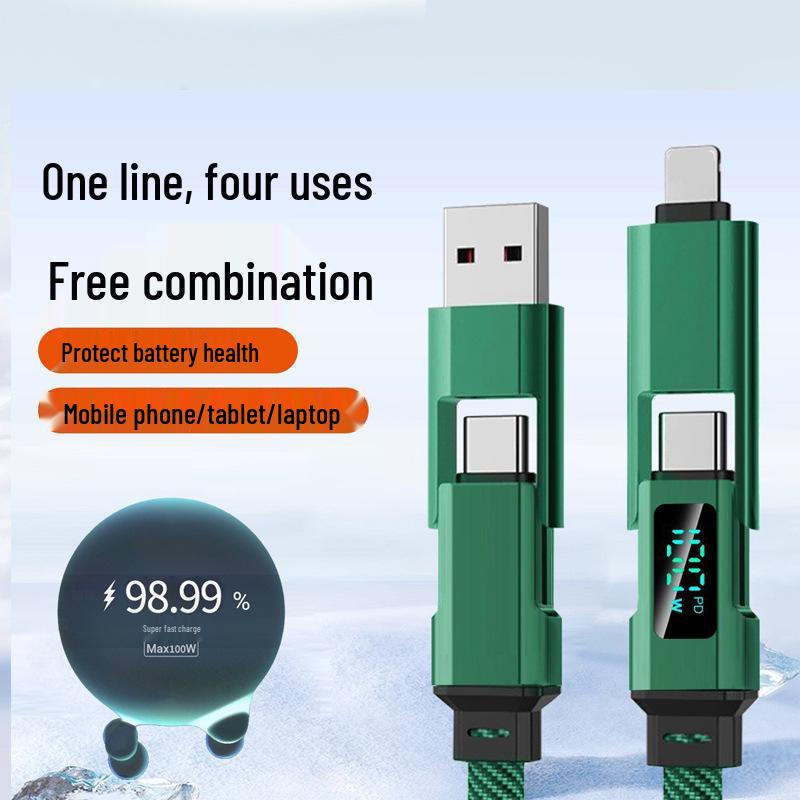 Universal Liquid Silicone 4-in-1 Fast Charging Cable with Digital Display for Phones, Tablets, and Laptops