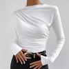 Ladies Spring Autumn Long Sleeve O Neck Solid Color Pleated Bodycon Pullover Casual T Shirt Top