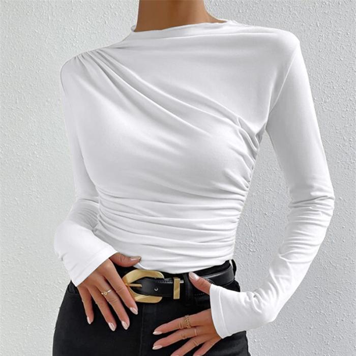 Ladies Spring Autumn Long Sleeve O Neck Solid Color Pleated Bodycon Pullover Casual T Shirt Top