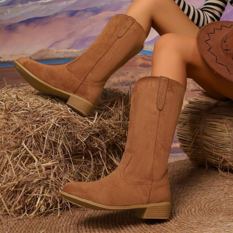 Women's Autumn Suede Western Cowboy Leather Boots - High Heel, Embroidered, Retro, Fashionable