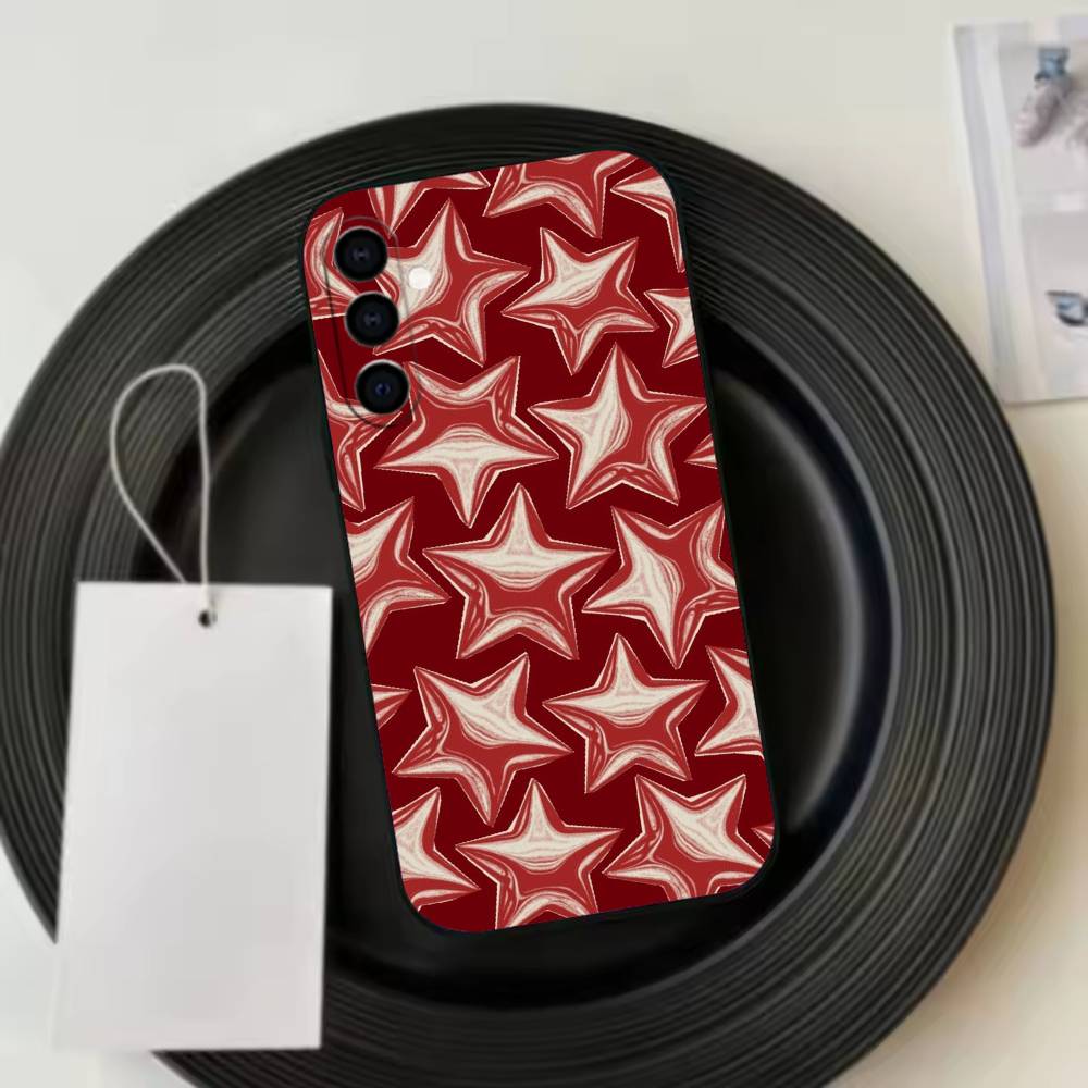 Ins Korea R-Red Stars Phone Case For Samsung Galaxy A73,A72,A71,A70,A53,A52,A51,Soft Silicone Black Cover