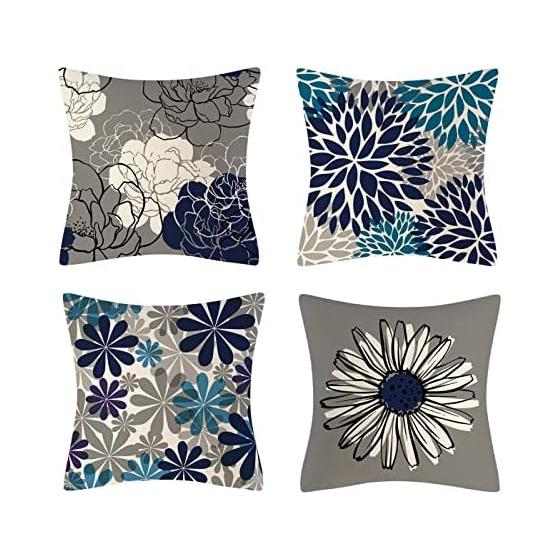 BetterJonny Cushion Cover Scandinavian 45x45cm Blue 4 Pieces Linen Floral Pattern Sofa Interior Decoration Back Cushion Cover Sat Futon Cover