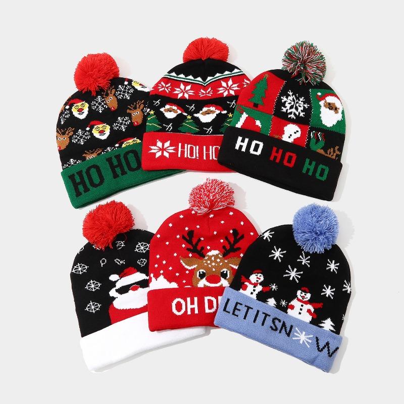 Christmas Elements Snowman Elk Christmas Tree Flanged Hairball Knitted Hat, Men's and Women's Thermal Ear Protection Wool Hat