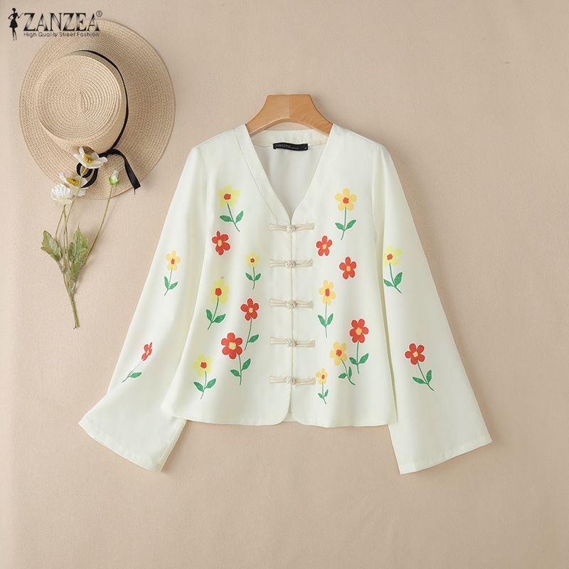 ZANZEA Women V-Neck Casual Long Sleeve Floral Print Blouse