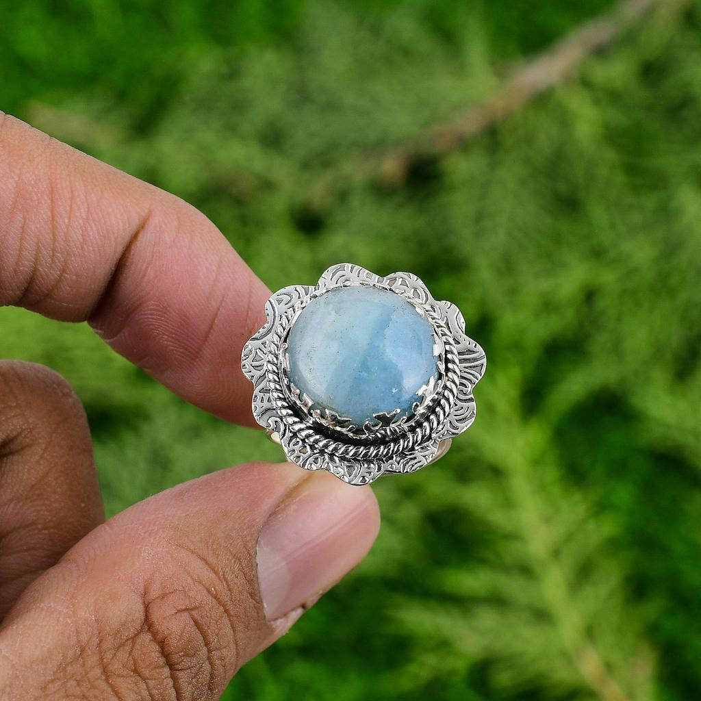 925 Sterling Silver Aquarmarine Stone Birthday Elegant Promise Statement Ring