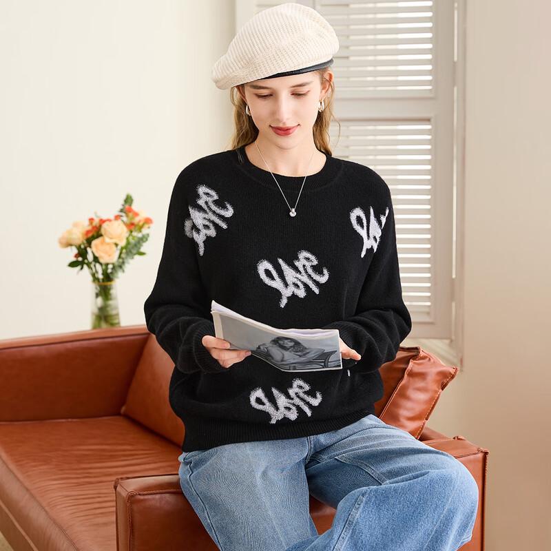 TUHUANG Women's Round Neck Pure Wool Embroidered Pullover Sweater