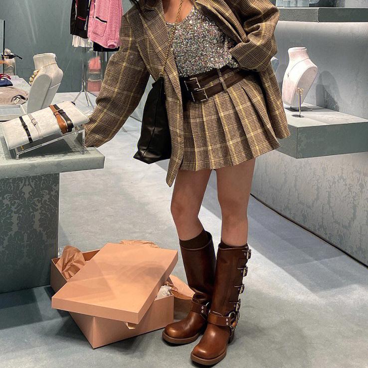 Catwalk Model, Belt Buckle, Thick Heel, Martin Boots, Women's Spring and Summer Retro, But Knee Boots, Western Boots.