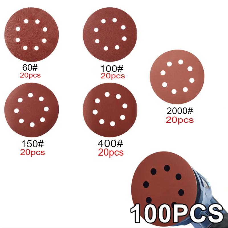 100Pcs Sanding Discs 5 Inch 8-Hole Alumina Sanding Pad Sanding Sheet Polishing Sand Paper for Metal Wood Glass Car Abrasive Tool