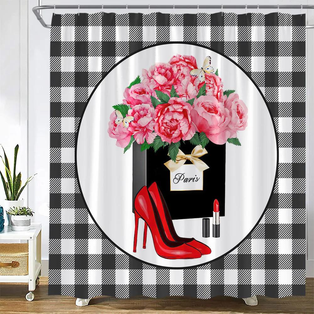 Vintage Paris City Scenery Shower Curtain Tower Pink Rose Flower Painting Spring Bathroom Decor Waterproof Screen With Hooks