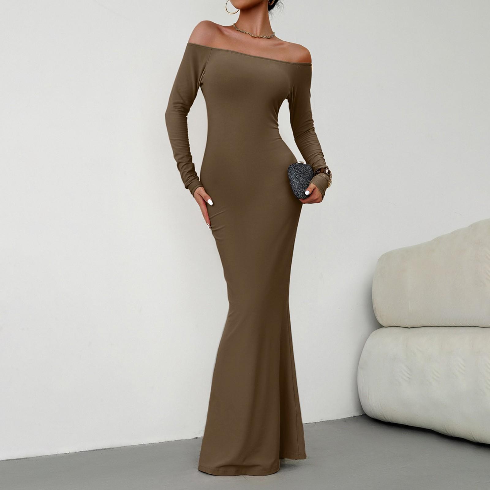 

Женская мода однотонное сексуальное трикотажное платье с длинными рукавами и разрезом на плечах S кофейный