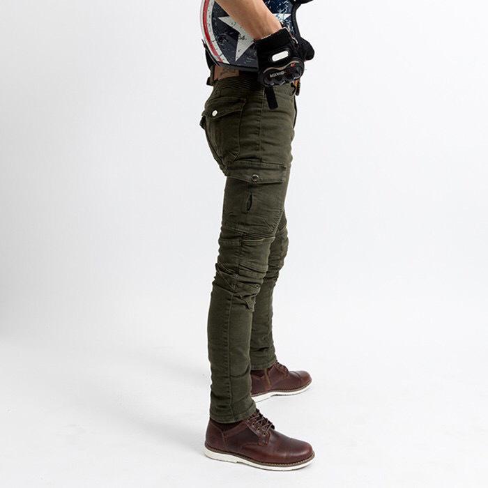 Four-Season Motorcycle Riding Pants - Military Green/Black, Anti-Fall, Slim Fit Jeans