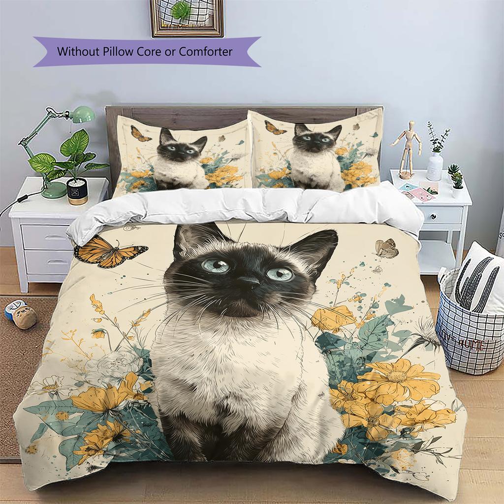 Siamese Cat and Plants Pattern Bedding Home Decoration Birthday Gift (1 * Duvet Cover + 2 * Pillowcase, Without Core)