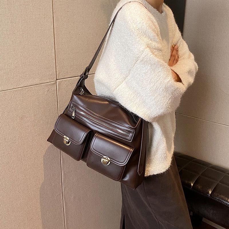 

JIAERDI Vintage Brown Shoulder Bag Women Retro Pu Leather Soft Pocket Casual Handbag Female Moto Biker Y2k Handbags Aesthetic кавовий