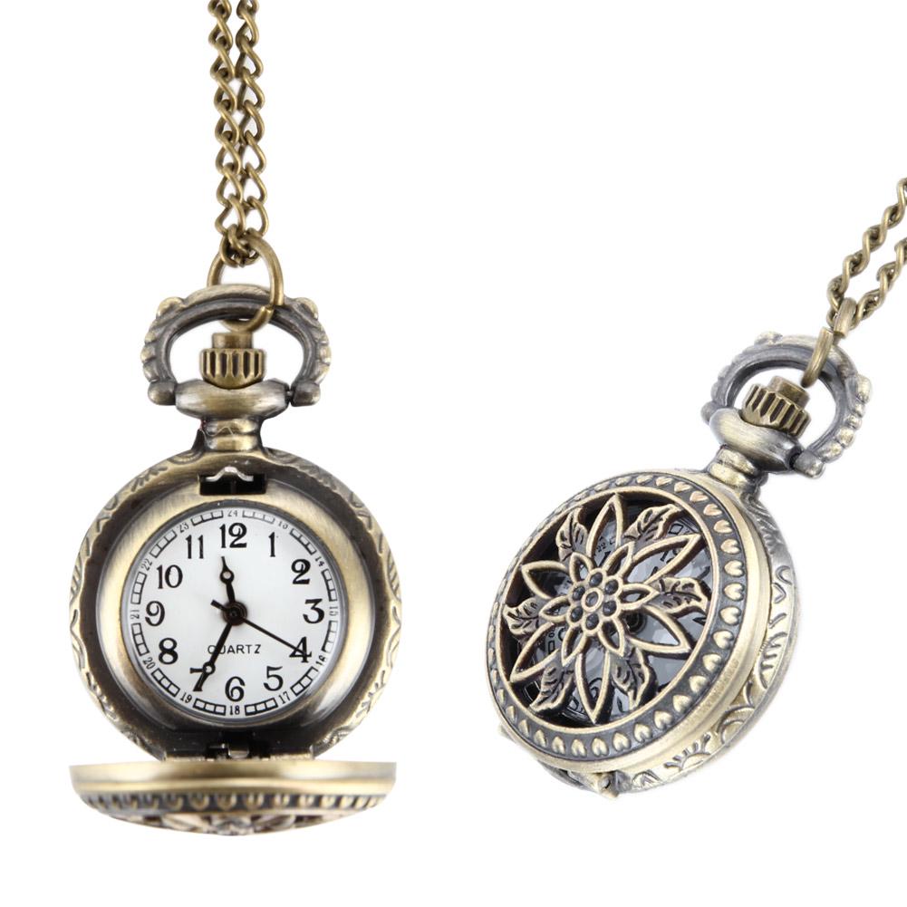 Orologio da tasca moda retrò per uomo donna, bronzo, quarzo, lega, cassa cava con ingranaggi scolpiti, con catena