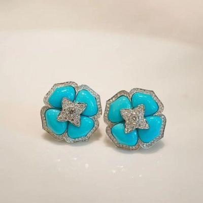Luxury And Fashionable Turquoise Earings Stud With Inlaid Blue Flower Earrings For Women Classic Wedding Jewelry Gift