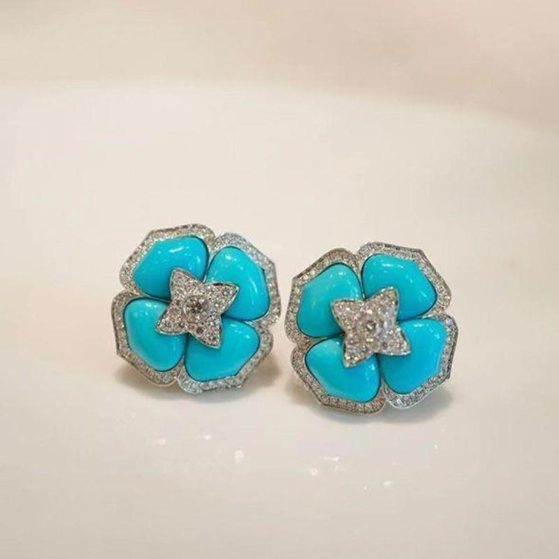 Luxury And Fashionable Turquoise Earings Stud With  Inlaid Blue Flower Earrings For Women Classic Wedding Jewelry Gift