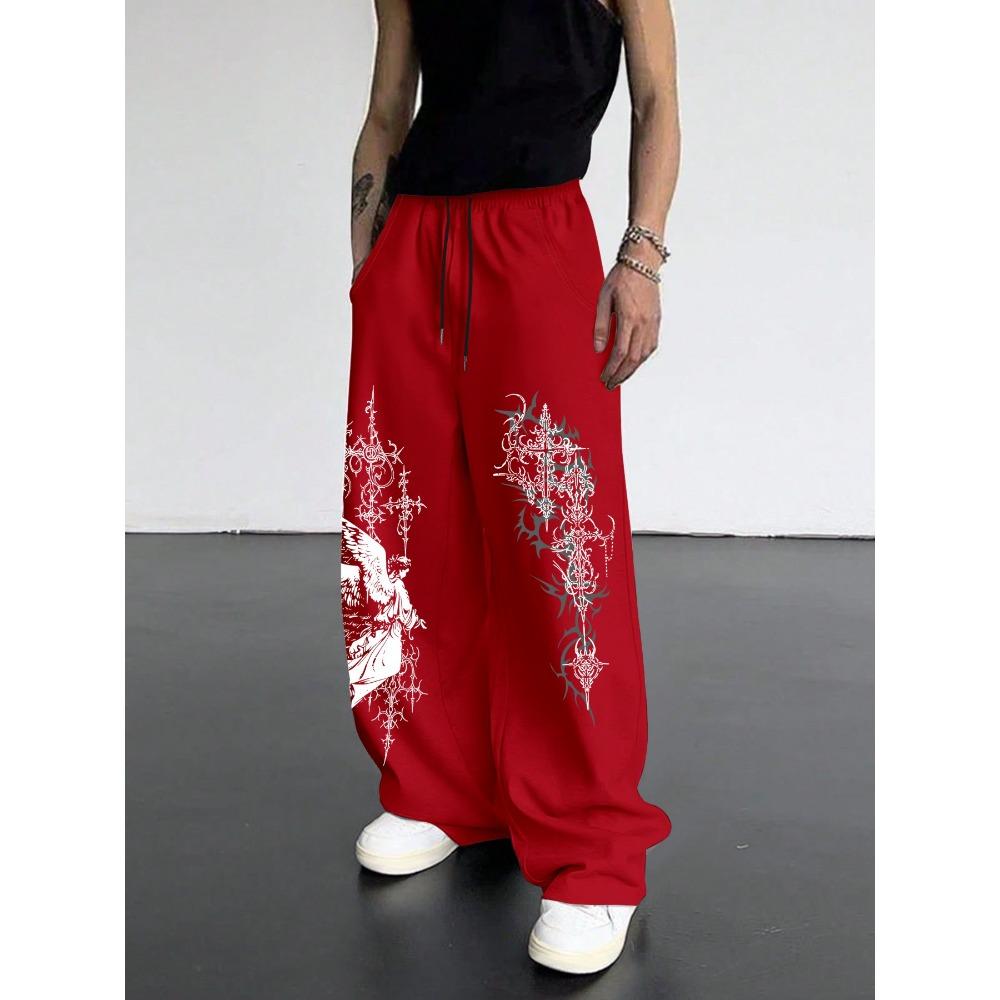 Pantaloni Sportivi Larghi in Poliestere Casual con Stampa Angelo Oscuro da Uomo, Pantaloni a Gamba Larga Street Wear High Street, alla Moda Stile Hip-hop