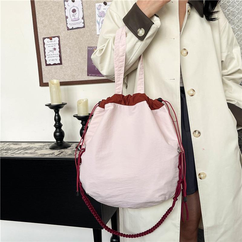 Contrasting Color Casual Handbag Large Capacity Folding Bucket Bag Small Fresh Drawstring Bundle Single Shoulder Women's Bag