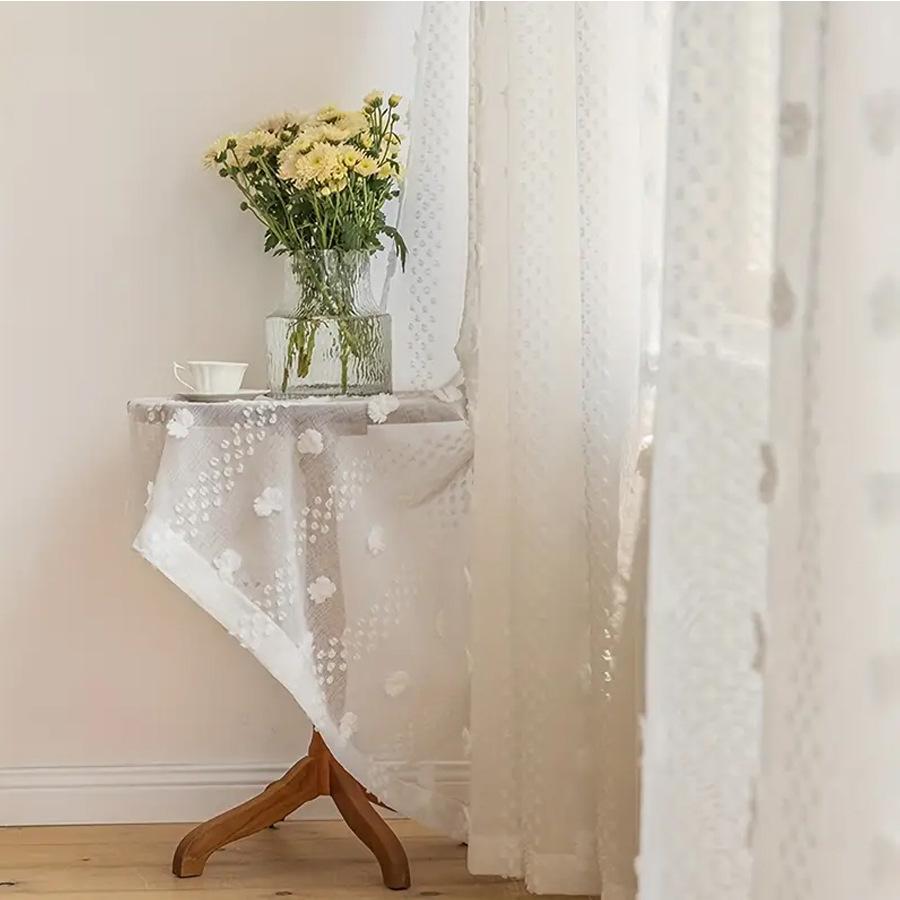 Perdea Transparentă Albă Stil Rural Francez cu Franjuri Pompon pentru Living, Dormitor sau Balcon Accent Decorativ Romantic, Perdele pentru Living