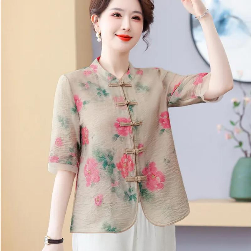 Kadın Çin Tarzı Çiçek Baskılı Bluz Kurbağa Düğmeli 3/4 Kol Günlük Üst