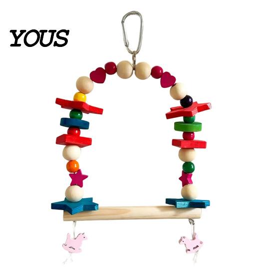 Wood Parrot Toy Hanging Swing Toy, Wooden Bird Perch Stand for Cage, Standing Branch Beads Blocks Chew Parakeet Cockatiel Budgie Macaws