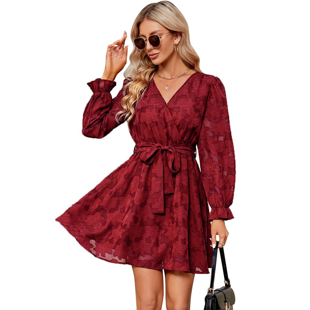 Jarní a podzimní dámské šaty Krajkové šaty Koktejlový večírek Svatební šaty s výstřihem do V Šaty s dlouhým rukávem, pasem s kravatou