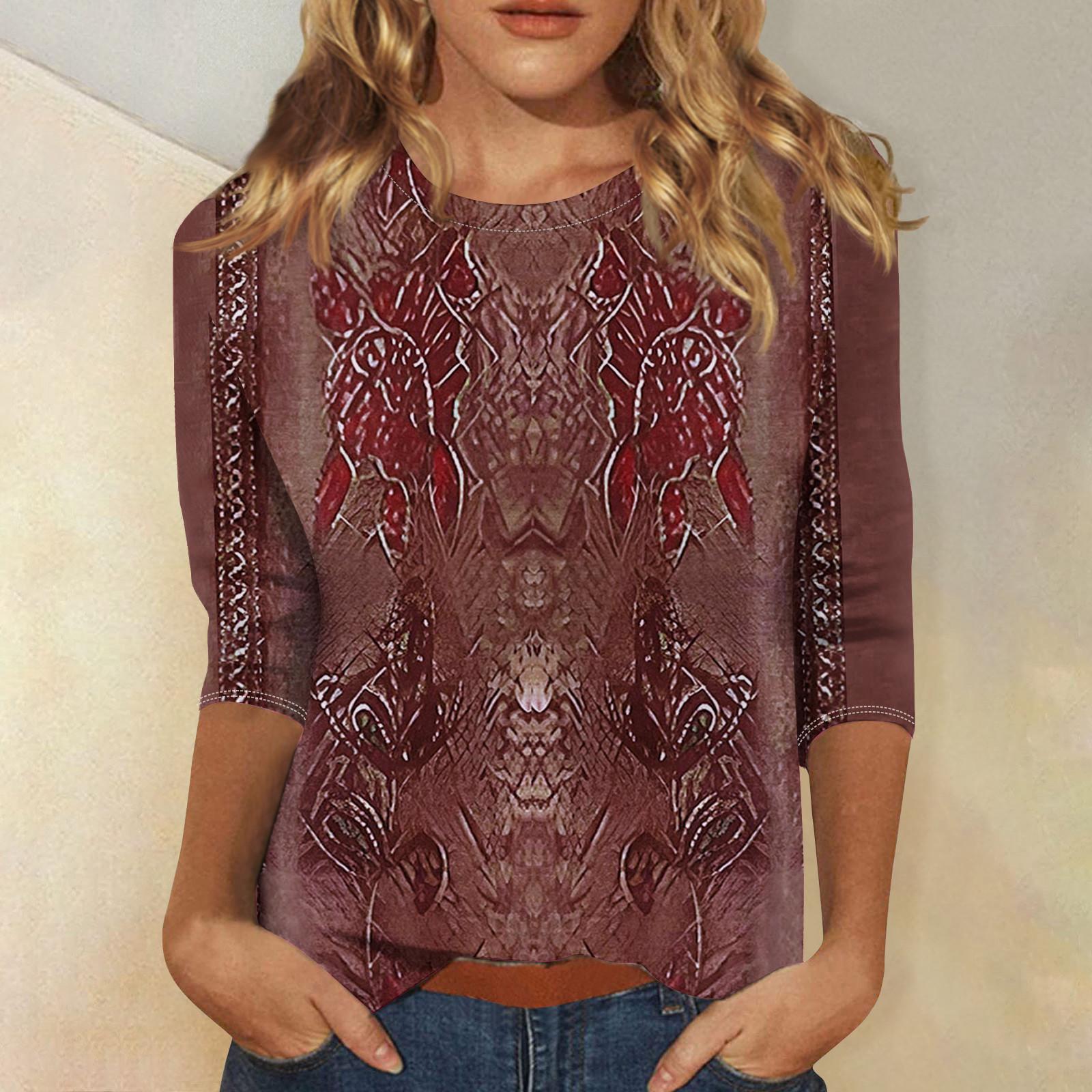 

Рубашки с рукавом 3/4 для женщин, милые топы, футболки с рисунком, блузки, повседневные базовые топы больших размеров, пуловеры XL винный