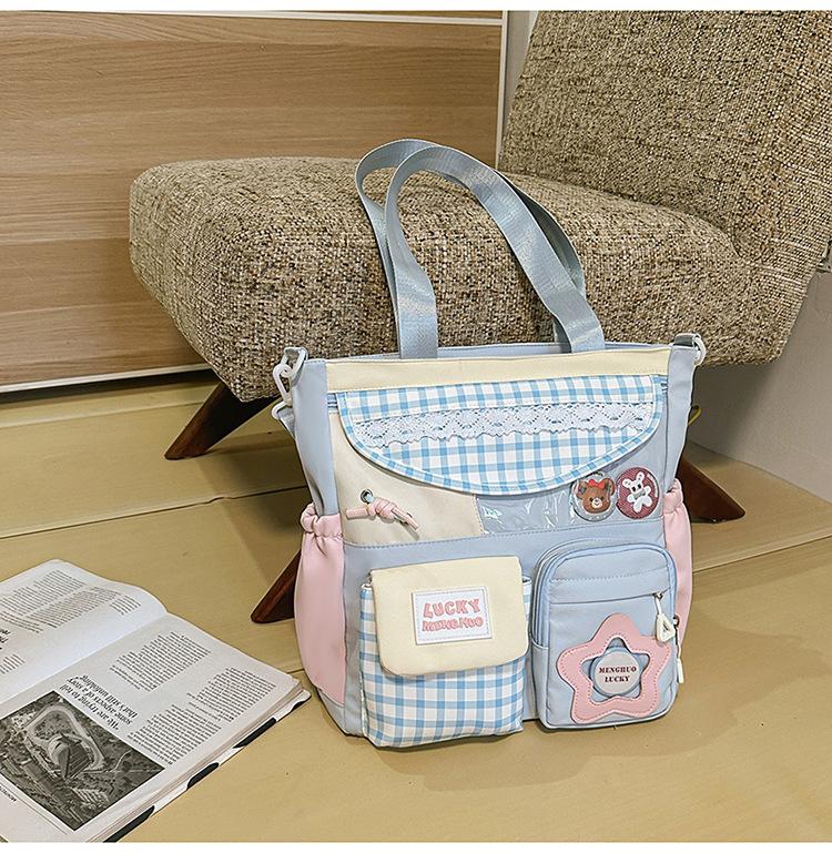 Schoolbag New High-value Japanese Ins Fresh and Sweet Plaid Girl Make-up Bag Light Shopping Large-capacity Messenger Bag