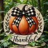 Autumn Pumpkin Thanksgiving Metal Sign Wall Decor 7.87x7.87 Inch Round Rustproof Aluminum with Plaid Bow Home Office