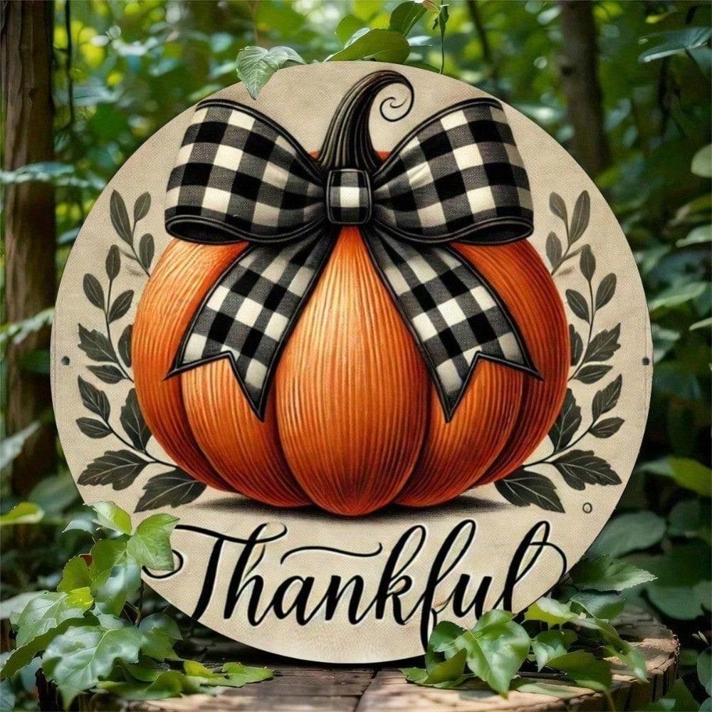 Autumn Pumpkin Thanksgiving Metal Sign Wall Decor 7.87x7.87 Inch Round Rustproof Aluminum with Plaid Bow Home Office