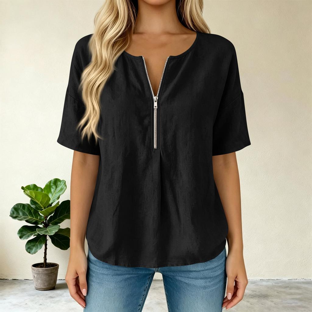 Women’s Fashion Solid Pullover Top with Round Zip Neck Relaxed Fit Short Sleeve Blouse for Casual and Daily Wear