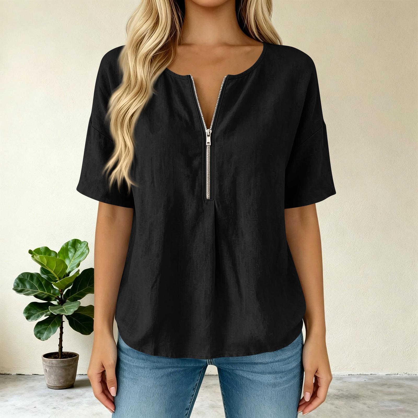 

Women s Casual Solid Color Pullover Top Short Sleeve Loose Fit Round Neck with Front Zipper Lightweight Blouse for Everyday Wear XXL чёрный