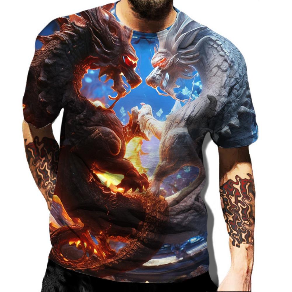 Summer Round Neck 3D Dragon Series Print Top Fashionable Casual Short Sleeved Men's T-shirts