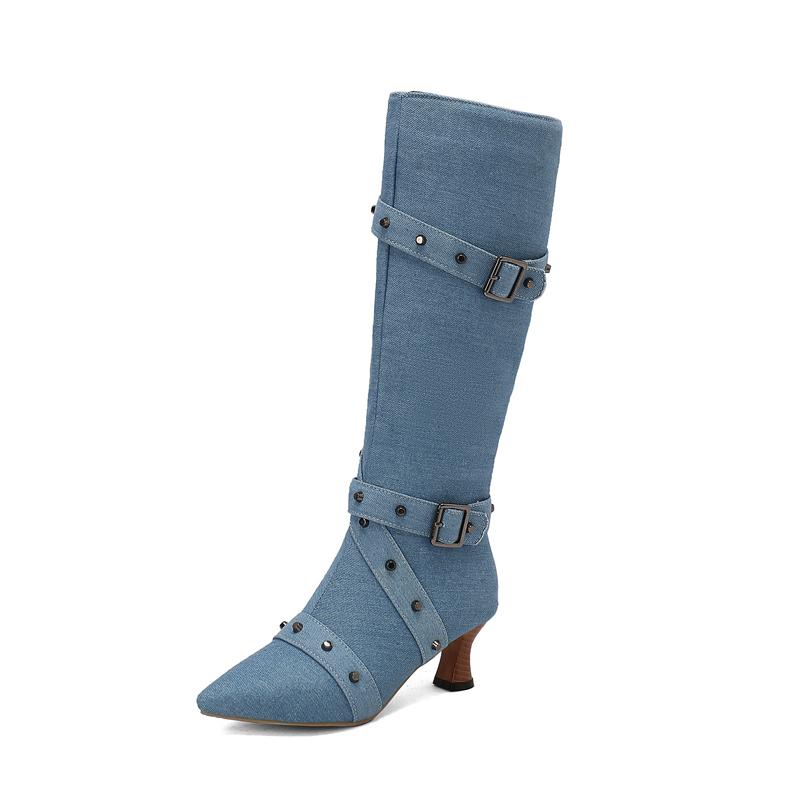 FOREADA Women Knee High Boots Pointed Toe Kitten High Heels Rivets Buckle Zipper Long Boots Ladies Fashion Shoes Winter 46