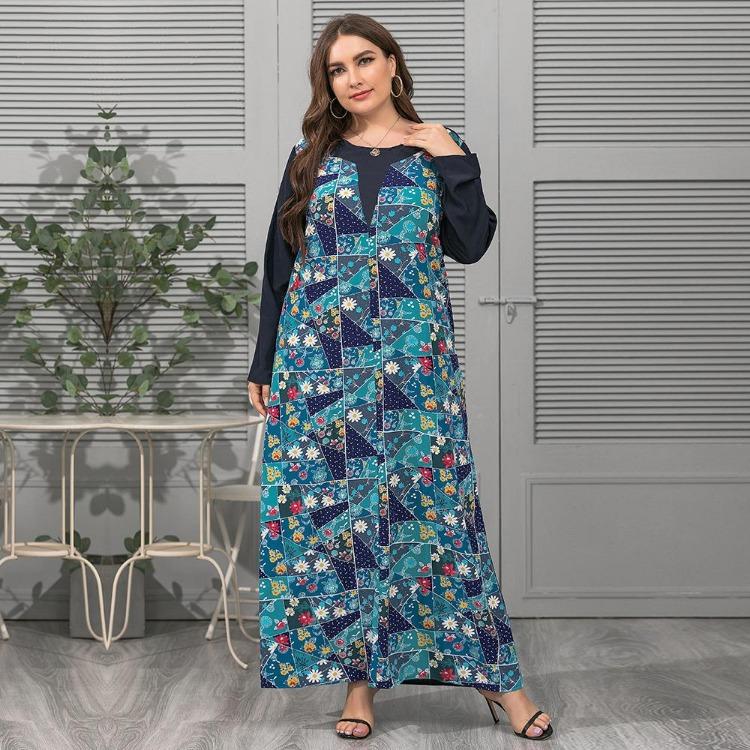 Plus Size Elegant Women's Loose Long Sleeve Dress Spring Summer O Neck Print Splicing XL-4XL