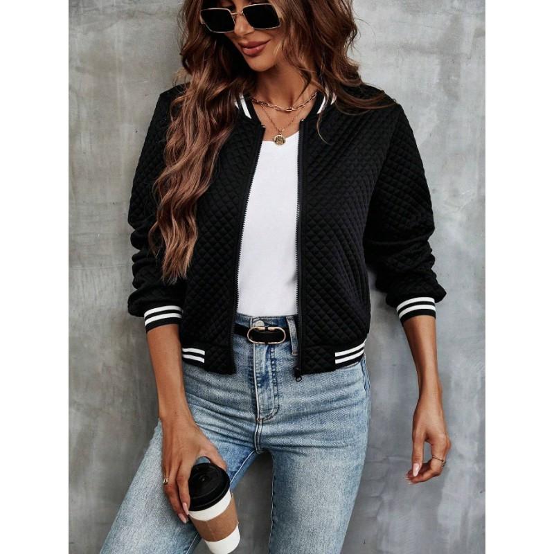 Womens Relaxed Fit Jacquard Stand Collar Zip-Up Baseball Jacket Casual Long Sleeve Top