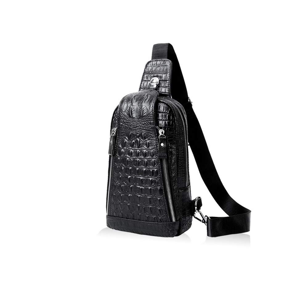 Whatna Cowhide Leather Crossbody Genuine Black Leather Cowhide Crocodile-Embossed Bag, One-Shoulder Bag, Men's, Leather, Thick, (KX5010-Black Leather)