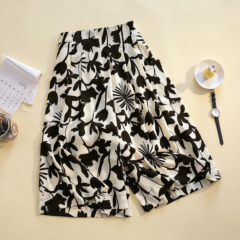 Ladies' Trousers Women's High-waisted Printed Wide Egged Trousers Skirt Summer Seven-minute Trousers Thin Section Loose Large Leg Skirt Trousers