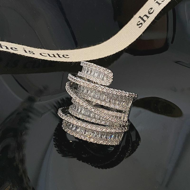 Platinum Zircon Multilayer Open Ring: Exquisite, Light Luxury, High-End Fashion, Versatile Jewelry Design
