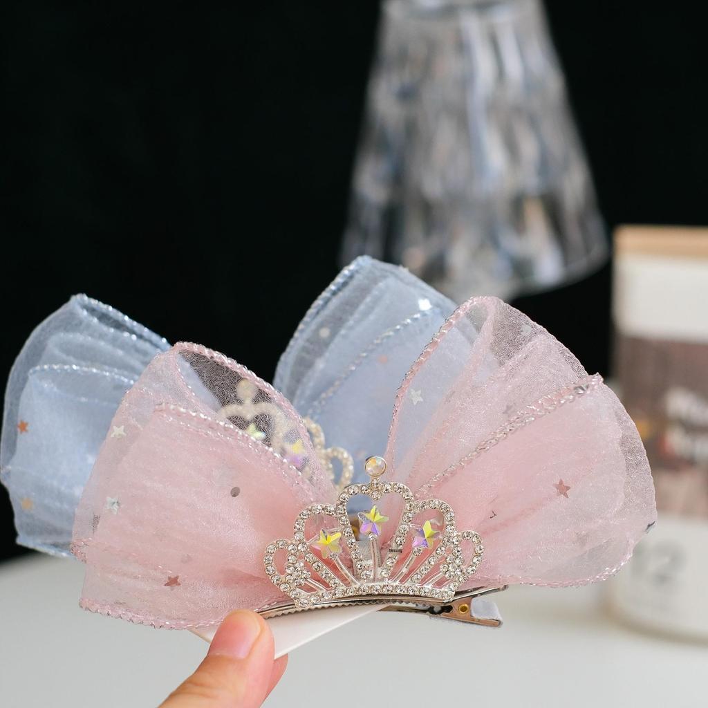 Blue Princess Bow Hair Clip with Crown and Star Snow Gauze for Girls - Large Size Performance Headdress