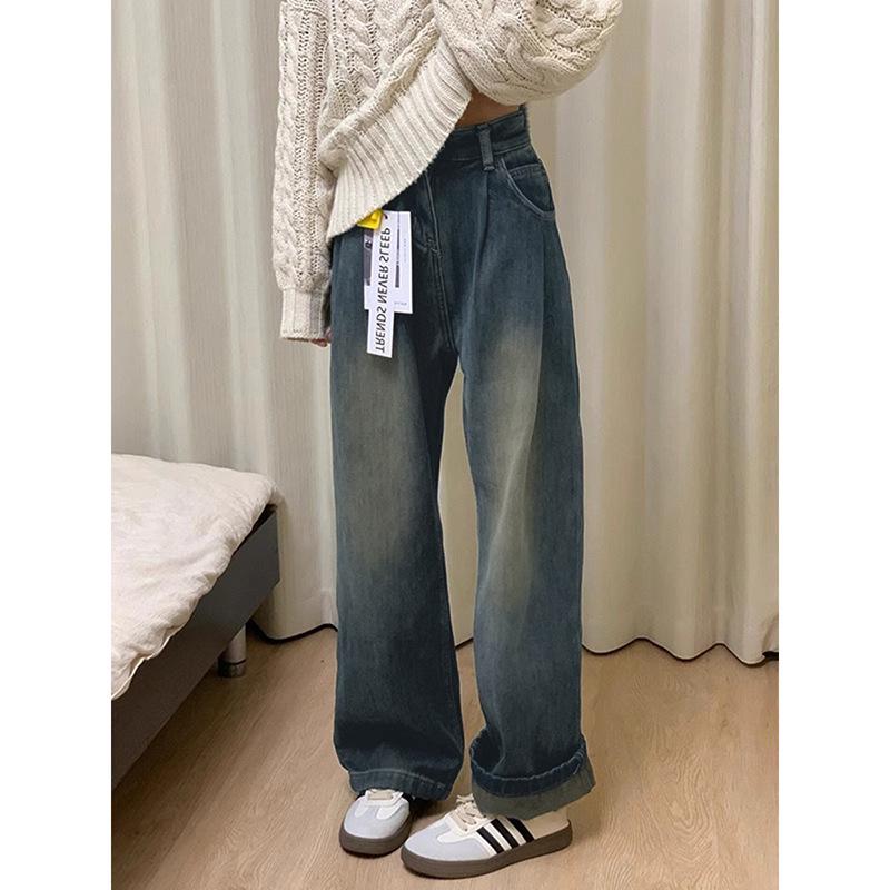 Women's Plus Size Flannel-Lined Wide-Leg Jeans, 2025 Autumn/Winter Retro Loose Fit