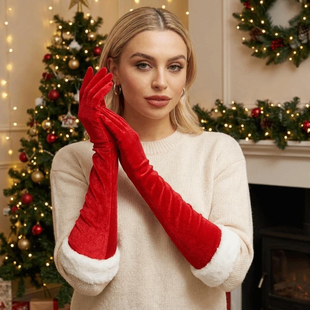 Elastic Christmas Gloves White Furry Cuff Etiquette Mittens Red Velvet Long Gloves  Party