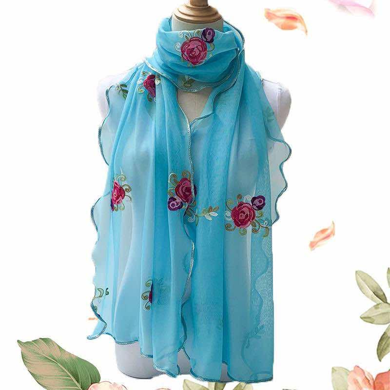 Gold Rose Embroidered Silk & Gauze Shawl for All Seasons - Women's Lace-Trimmed, Double-Layer Versatile Scarf