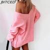 BITCED Fall/Winter Solid Color V-Neck Pullover Sweater Casual Oversized Long-Sleeve Off-Shoulder Pink Knit Top