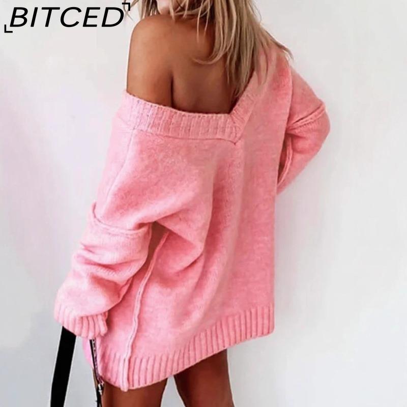 BITCED Fall/Winter Solid Color V-Neck Pullover Sweater Casual Oversized Long-Sleeve Off-Shoulder Pink Knit Top