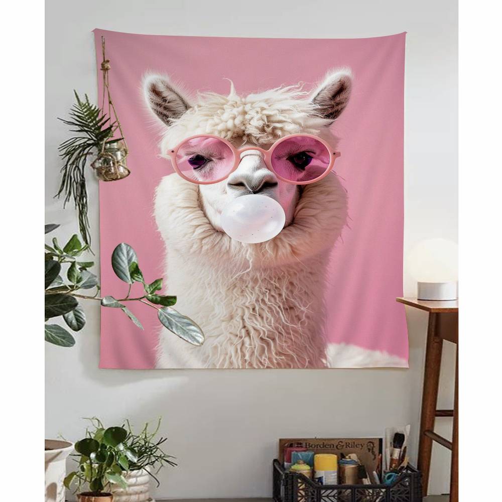 Charming Pink Animal with Glasses Anime Tapestry Hippie Flower Wall Carpets Dorm Decor Wall Hanging Home Decor