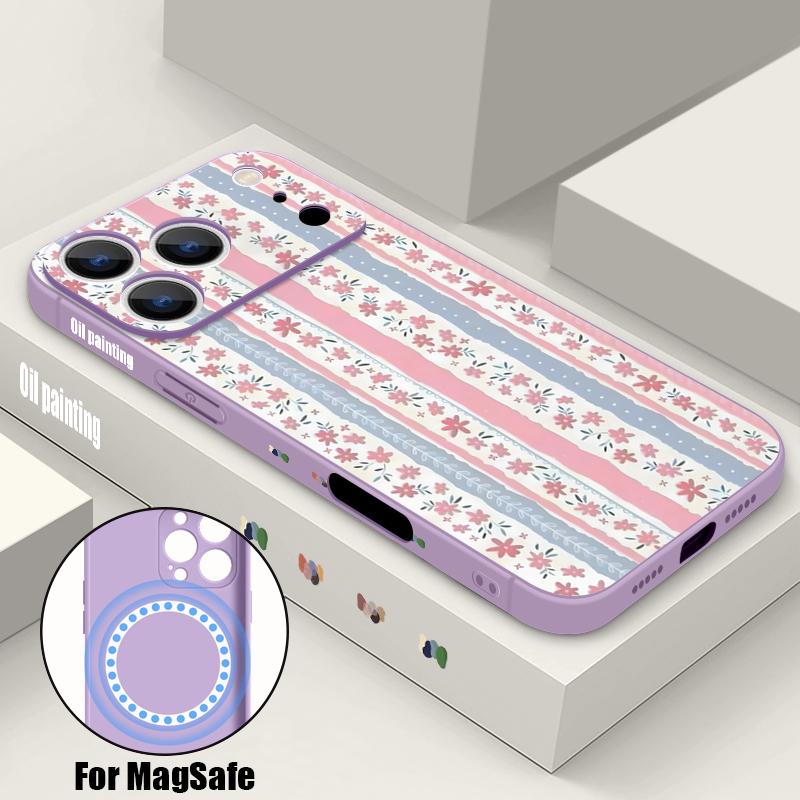 Magnetic For Magsafe Case For iPhone 17 Pro Max Floral Stripes Print Soft Silicone Phone Back Cover For iPhone 16 15 14 13 Pro Max 16e 17e