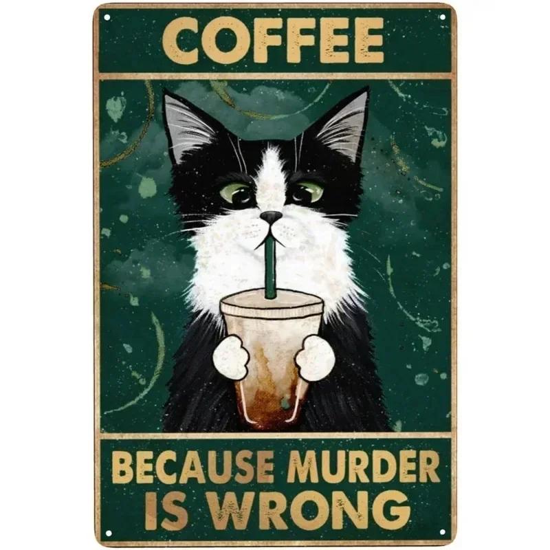 Retro Metal Tin Sign More Espresso Less Depresso Drinking Poster Coffee Lover Gift Funny Black Cat Wall Art Signs Decoration